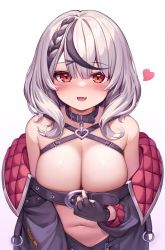 1girl black_gloves black_hair breasts deaver fang fingerless_gloves gloves hair_between_eyes heart highres hololive large_breasts looking_at_viewer multicolored_hair open_mouth red_eyes sakamata_chloe simple_background solo streaked_hair virtual_youtuber white_background white_hair