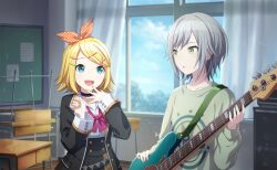 Rule 34 | 2girls, :d, aqua eyes, black choker, black jacket, black skirt, blonde hair, blue sky, bow, bow hairband, bowtie, choker, classroom, cloud, collarbone, colorful palette, curtains, don&#039;t lose faith! (project sekai), fingernails, game cg, green eyes, green shirt, grey hair, guitar, hair ornament, hairband, hairclip, high-waist skirt, highres, hinomori shiho, instrument, jacket, kagamine rin, leo/need rin, multiple girls, nail polish, official art, open mouth, orange hairband, pink bow, pink bowtie, polka dot hairband, project sekai, shirt, skirt, sky, smile, third-party source, tongue, triangle, vocaloid, white shirt, x hair ornament, yellow nails
