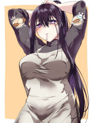 1girl apron breasts fate/grand_order fate_(series) glasses grey_shirt hair_tie highres large_breasts long_bangs long_hair long_sleeves mouth_hold murasaki_shikibu_(fate) purple_eyes purple_hair shirt sleeves_rolled_up spoken_food tgxx3300 tying_hair