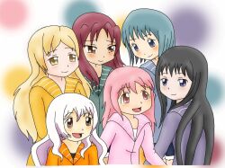 Rule 34 | 6+girls, akemi homura, black hair, blonde hair, blue hair, blush, holy quintet, kaname madoka, long hair, mahou shoujo madoka magica, majka626, miki sayaka, momoe nagisa, multiple girls, pink hair, red hair, sakura kyoko, tomoe mami, white hair