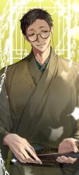 1boy absurdres artist_name avocado_chun black_eyes black_hair black_sash branch commentary_request egasumi eyewear_strap falling_leaves folded_fan folding_fan ginkgo_leaf glasses green_kimono grin hand_fan highres holding holding_fan japanese_clothes kimono lattice leaf long_sleeves looking_at_viewer male_focus nijisanji obi official_alternate_costume round_eyewear sash short_hair smile solo very_short_hair virtual_youtuber wide_sleeves yashiro_kizuku yashiro_kizuku_(5th_costume)