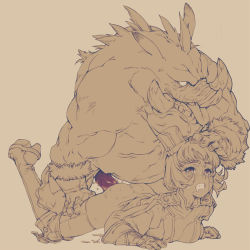 1girl ass bottomless branch_(blackrabbits) clenched_teeth female_guard_(tree_of_savior) gloves hand_on_head hat high_boots hogma_fighter_(tree_of_savior) monster penis rape sex short_hair simple_background sweat tears teeth thighhighs tree_of_savior