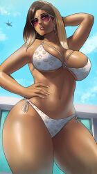 1girl aircraft bikini bracelet breasts dark-skinned_female dark_skin earrings echo_saber female_focus grand_theft_auto helicopter jewelry long_hair mole multicolored_hair sky solo solo_focus string_bikini sunglasses swimsuit thick_thighs thighs white_bikini