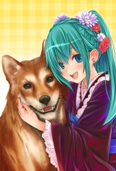 Rule 34 | 1girl, :d, @hina, animal print, blue eyes, blush, braid, butterfly print, chinese zodiac, crown braid, dog, earrings, flower, green hair, hair between eyes, hair flower, hair ornament, heart, heart earrings, highres, japanese clothes, jewelry, kimono, long hair, looking at viewer, nengajou, new year, obi, open mouth, original, parted lips, plaid background, sash, smile, twintails, year of the dog, yellow background