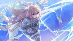 &gt;:) 1girl :d ahoge aqua_background armor belt blonde_hair blue_background breastplate cape commentary counter:side energy_sword english_commentary fang floating_hair gauntlets gradient_background holding holding_sword holding_weapon long_hair looking_at_viewer loose_belt naielle_bluesteel official_art open_mouth pantyhose purple_background purple_eyes shirt skirt smile solo sparkle sword thigh_strap two_side_up v-shaped_eyebrows very_long_hair weapon white_cape white_shirt white_skirt