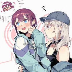 Rule 34 | 2girls, ?, baseball cap, black tank top, blue eyes, blue jacket, blush, breasts, brown hair, chinese commentary, cleavage, closed mouth, commentary request, earrings, embarrassed, girls band cry, grey eyes, grey hair, grey hat, hair ornament, hairclip, hat, heart, hug, iseri nina, jacket, jewelry, kawaragi momoka, long sleeves, multiple girls, open mouth, shirt, short hair, sidelocks, tank top, white shirt, xunyu (manyu), yuri