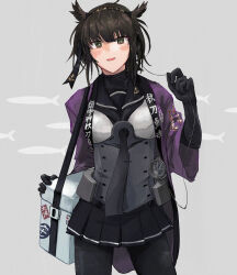 Rule 34 | anchor symbol, black bodysuit, black hair, black headband, black neckerchief, black sailor collar, black skirt, bodysuit, breasts, clothes writing, commentary, cowboy shot, fish, green eyes, grey background, hachimaki, hair between eyes, hair flaps, happi, hatsuzuki (kancolle), hatsuzuki (saury festival) (kancolle), headband, highres, japanese clothes, kantai collection, looking at viewer, miniskirt, neckerchief, parted lips, pleated skirt, sailor collar, school uniform, serafuku, simple background, skirt, solo, zippo teifujou