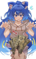 1girl absurdres banknote blue_bow blue_eyes blue_hair blue_skirt blush bow brown_hoodie claw_pose commentary_request drawstring fingernails grey_hoodie hair_between_eyes hair_bow highres holding holding_money hood hoodie long_fingernails long_hair money ofuda ofuda_on_clothes open_mouth pov short_sleeves signature simple_background skirt tadano1129 touhou very_long_hair white_background yorigami_shion