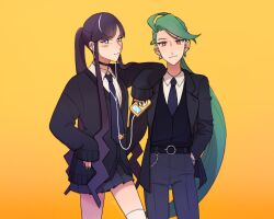 2girls ahoge alternate_hairstyle androgynous black_choker black_hair black_nails blue_eyes blue_necktie blunt_bangs bright_pupils cardigan choker closed_mouth collared_shirt digital_media_player earphones earrings elesa_(pokemon) green_hair highres holding ipod jacket jewelry long_hair looking_at_viewer multicolored_hair multiple_girls necktie nintendo open_clothes open_jacket pants pleated_skirt pokemon pokemon_bw2 pokemon_sv ponytail red_eyes rika_(pokemon) shirt sidelocks skirt smile streaked_hair submashell thighhighs very_long_hair very_long_sleeves vest white_hair white_pupils white_thighhighs yellow_background