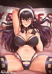 1girl absurdres aestheticc-meme arm_behind_head arm_up armpits artist_name bare_shoulders between_breasts black_bra black_gloves black_hair black_panties black_thighhighs blush bra breasts cleavage earrings engagement_ring gloves gold_earrings hairband half_gloves heart highres jewelry large_breasts lingerie long_hair looking_at_viewer lying navel non-web_source nose_blush on_back on_bed panties red_eyes red_lips ring signature skindentation smile solo spread_legs spy_x_family stomach sweat thick_thighs thighhighs thighs underwear very_long_hair white_hairband yor_briar