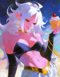 1girl absurdres android_21 arm_at_side arm_warmers black_sclera bracelet breasts brush_stroke closed_mouth colored_sclera colored_skin colorful_background commentary cupcake dragon_ball dragon_ball_fighterz earclip earrings food gold_choker hand_up harem_pants head_tilt highres holding holding_food jewelry long_hair looking_at_viewer majin_android_21 medium_breasts navel nyte_tyde painterly pants pink_skin pointy_ears red_eyes sidelocks solo stomach symbol-only_commentary tongue tongue_out white_hair white_pants