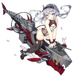 1girl ;d arm_support azur_lane bare_shoulders black_footwear black_hairband black_thighhighs blue_eyes boots breasts cleavage closed_mouth fingernails grey_hair hair_ornament hairband long_hair looking_at_viewer official_art one-piece_swimsuit one_eye_closed open_mouth parted_lips saru small_breasts smile swimsuit tail thigh_boots thighhighs translation_request transparent_background twintails u-522_(azur_lane) v-shaped_eyebrows very_long_hair white_one-piece_swimsuit wrist_cuffs