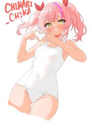 1girl absurdres artist_name chinari_(chinari_chika) colorado comandante_cappellini_(kancolle) cowboy_shot flat_chest four-finger_heart_hands gluteal_fold green_eyes heart heart_hands highres i-503_(kancolle) kantai_collection long_hair multicolored_hair old_school_swimsuit one-hour_drawing_challenge one-piece_swimsuit parted_bangs pink_hair school_swimsuit simple_background solo streaked_hair swimsuit thigh_gap twintails white_background white_one-piece_swimsuit