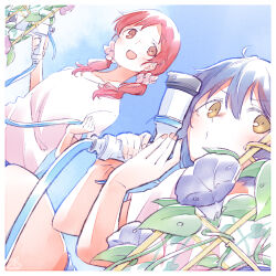 2girls :d blue_hair blue_sky brown_eyes day flower gochuumon_wa_usagi_desu_ka? hair_between_eyes hair_ornament hair_scrunchie hetareeji hose jouga_maya leaf long_hair looking_at_viewer low_twintails multiple_girls natsu_megumi o3o open_mouth outdoors plant red_hair scrunchie shirt short_hair short_sleeves sky smile twintails watering white_scrunchie white_shirt yellow_eyes