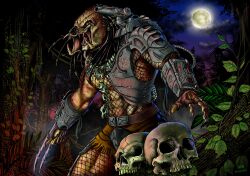 1boy alien arm_blade armor dreadlocks fishnets gauntlets highres laser laser_pointer_projection laser_sight long_hair mandibles mask muscular pauldrons plasma_caster predator_(character) predator_(series) shoulder_armor shoulder_cannon skull thigh_armor weapon wrist_blades wswc8755