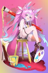 Rule 34 | 1girl, animal ear fluff, animal ears, bad source, bare shoulders, black gloves, black thighhighs, blush, bow, bowtie, bucket, chair, fingerless gloves, fox ears, fox girl, fox tail, from side, full body, gloves, gradient background, gradient hair, hair between eyes, hair ribbon, highres, holding, holding paintbrush, indie virtual youtuber, leg up, long bangs, looking at viewer, multicolored hair, official art, on chair, paint palette, paintbrush, pink hair, purple eyes, ribbon, shirt, shoes, short shorts, shorts, sidelocks, single bare leg, sitting, smile, sneakers, solo, tail, teletha (vtuber), thigh strap, thighhighs, tongue, tongue out, virtual youtuber, white ribbon, white shirt, yellow bow, yellow bowtie