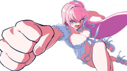 Rule 34 | 1girl, angry, attack, bikini, breasts, cleavage, clenched hands, commentary request, constricted pupils, cure barlow, dorothy (nikke), dorothy (serendipity) (nikke), frills, full body, goddess of victory: nikke, hair bun, highres, knee up, large breasts, long hair, lowleg, lowleg bikini, neck ribbon, official alternate costume, open mouth, pink eyes, pink hair, punching, ribbon, sandals, short sleeves, simple background, single side bun, solo, swimsuit, toes, white background