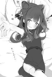 1girl absurdres animal_ear_fluff animal_ears black_hair blue_archive blush china_dress chinese_clothes covered_navel dress extra_ears greyscale hair_ornament halo heart highres long_hair looking_at_viewer lying monochrome sakurano_rocco shun_(blue_archive) shun_(small)_(blue_archive) sleeveless sleeveless_dress smile solo thighhighs tiger_ears tiger_girl translated white_thighhighs