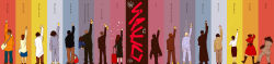 5girls 6+boys absurdres arm_up barefoot black_coat black_suit blue_pajamas brown_coat brown_hair business_suit cellphone character_request coat colorful_background copyright_name decorationtruck dress everyone flip_phone formal_clothes from_behind highres holding holding_phone jacket left-handed long_hair long_image long_sleeves multiple_boys multiple_girls pajamas phone red_dress short_hair socks spec suit white_socks wide_image yellow_jacket