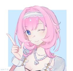 Rule 34 | 1girl, ;), blue background, border, breasts, chinese commentary, chong pao naifen, cleavage, commentary request, dated, elf, elysia (honkai impact), elysia (miss pink elf) (honkai impact), elysia (summer miss elf) (honkai impact), hairband, highres, honkai (series), honkai impact 3rd, jewelry, large breasts, long hair, looking at viewer, necklace, official alternate costume, one eye closed, pink hair, pointy ears, scrunchie, shell, shell necklace, smile, solo, upper body, white border, white hairband, wrist scrunchie