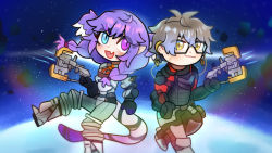 Rule 34 | 1boy, 1girl, :d, black gloves, blue eyes, brown hair, chibi, colored tips, commentary, cosplay, dead space, dead space 3, earrings, english commentary, fang, floating, glasses, gloves, gun, hair behind ear, head wings, heterochromia, holding, holding gun, holding weapon, ike eveland, isaac clarke, isaac clarke (cosplay), j-senna princeneko, jewelry, john carver, john carver (cosplay), multicolored hair, nijisanji, nijisanji en, open mouth, plasma cutter, purple eyes, selen tatsuki, smile, space, spacesuit, virtual youtuber, weapon, wings