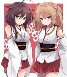 Rule 34 | ahoge, bare shoulders, black hair, blue eyes, blush, braid, breasts, brown eyes, brown hair, cosplay, detached sleeves, double bun, fusou (kancolle), fusou (kancolle) (cosplay), hair bun, hair flaps, hair ornament, hair over shoulder, hair ribbon, highres, hirune (konekonelkk), japanese clothes, kantai collection, long hair, long sleeves, looking at viewer, michishio (kancolle), nontraditional miko, obi, pleated skirt, red background, red skirt, ribbon, sash, shigure (kancolle), shigure kai ni (kancolle), short hair, short twintails, single braid, skirt, smile, solo, twintails, white background, wide sleeves, yamashiro (kancolle), yamashiro (kancolle) (cosplay)