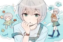 Rule 34 | 1girl, :3, = =, aoba moca, bang dream!, bangjinjin82, black shoes, black socks, blue overalls, blue pants, bread, commentary, food, food in mouth, green eyes, green shirt, green skirt, grey hair, hashtag-only commentary, highres, kneehighs, korean text, loafers, lying, mouth hold, on back, overalls, pants, pleated skirt, school uniform, shirt, shoes, short hair, short sleeves, skirt, socks, strap slip, translation request, watch, white shirt, wristwatch