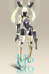 Rule 34 | absurdres, blunt bangs, bow, breasts, english text, full body, hair bow, high heels, highres, humanoid robot, logo, mecha musume, momo (optune), nakakita kouji, no humans, no mouth, optune, original, robot, robot girl, science fiction, second-party source, simple background, small breasts, standing, thighhighs, twintails, whip, white hair, wrist cuffs