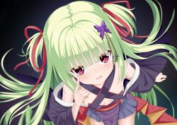 1girl absurdres akanbe bare_shoulders black_background black_kimono black_skirt blunt_bangs blush breasts butterfly_hair_ornament commentary cowboy_shot criss-cross_halter downblouse eyelid_pull eyes_visible_through_hair floating_hair foreshortening from_above green_hair hair_ornament hair_ribbon halterneck hand_up highres index_finger_raised japanese_clothes kimono long_hair long_sleeves looking_at_viewer mamiya_yuki miniskirt murasame_(senren) open_mouth pleated_skirt red_eyes red_ribbon red_sash ribbon sash senren_banka simple_background skirt small_breasts smile solo tongue tongue_out two_side_up upturned_eyes very_long_hair wide_sleeves