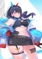 1girl bare_shoulders black_gloves black_hair black_shirt black_skirt blue_bow blue_eyes blue_jacket bow breasts gloves gridman_universe hair_bow highres jacket leg_tattoo long_hair looking_at_viewer looking_down medium_breasts microskirt midriff navel official_alternate_costume ponytail red_bow s87074877 shirt skindentation skirt solo ssss.gridman takarada_rikka tattoo thick_thighs thigh_strap thighs