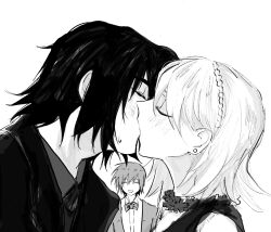Rule 34 | 1girl, 2boys, athrun zala, blush, brother and sister, cagalli yula athha, closed eyes, commentary request, couple, formal clothes, greyscale, gundam, gundam seed, hairband, hetero, highres, jacket, kira yamato, kiss, monochrome, multiple boys, open mouth, she (morianosu), shirt, short hair, siblings, simple background, smile, suit, sweatdrop, third wheel, white background