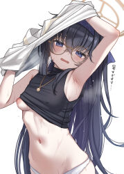 1girl armpits arms_up black_hair black_tank_top blue_archive blue_eyes blue_hairband blush breasts brown_halo commentary_request covered_erect_nipples doraje dot_nose embarrassed glasses hair_between_eyes hairband half-closed_eyes halo heavy_breathing highres jewelry long_hair looking_at_viewer navel necklace nipple_slip nipples open_mouth panties shirt sidelocks small_breasts solo stomach sweat tank_top translated ui_(blue_archive) underboob underwear undressing variant_set very_long_hair wavy_mouth white_panties white_shirt