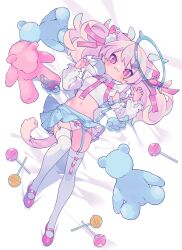 1girl :3 animal_ear_fluff animal_ear_piercing blue_skirt bow bow_panties breasts candy cat_girl cat_tail chest_harness commentary crop_top cross-shaped_pupils detached_wings double-parted_bangs food frilled_sleeves frills full_body garter_belt hair_ribbon harness high_heels lollipop long_hair long_sleeves lying mary_janes navel on_back on_bed original ozureiji panties pink_eyes pink_hair pink_ribbon pink_shoes pleated_skirt ribbon shirt shoes skirt small_breasts smile solo stuffed_animal stuffed_toy symbol-only_commentary symbol-shaped_pupils tail teddy_bear thighhighs tsurime turtleneck turtleneck_shirt underwear white_panties white_shirt white_sleeves white_thighhighs wings