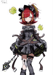1girl absurdres arknights bandaid bandaid_on_face bare_shoulders belt black_bonnet black_choker black_sleeves bonnet breasts brown_eyes choker commentary dated detached_sleeves english_commentary feet_out_of_frame gauze_on_knee highres holding holding_wand looking_at_viewer material_growth multicolored_hair multiple_necklaces oripathy_lesion_(arknights) pointy_ears pppmepl red_hair single_thighhigh solo straight-on streaked_hair tecno_(arknights) thighhighs wand