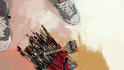 Rule 34 | 1other, from below, grey shoes, no humans, object focus, original, out of frame, paint palette, paintbrush, painting (medium), shoelaces, shoes, slow d, still life, traditional media