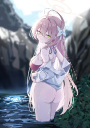 1girl absurdres ahoge ass bikini bikini_top_only blue_archive chun_jiang commentary_request green_eyes halo hanako_(blue_archive) hanako_(swimsuit)_(blue_archive) highres huge_ahoge long_hair looking_at_viewer official_alternate_costume open_clothes open_shirt pink_hair red_bikini shirt solo standing swimsuit very_long_hair water wet white_shirt