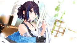 Rule 34 | 1girl, animal ears, black hair, black jacket, black nails, blue hair, blue overalls, closed mouth, commentary request, day, grey eyes, half updo, hand up, highres, holding, holding plate, indie virtual youtuber, indoors, jacket, jewelry, light smile, looking at viewer, mole, mole under eye, multicolored hair, necklace, off-shoulder shirt, off shoulder, overalls, plate, quilted jacket, shirt, short hair, smile, solo, spaghetti strap, streaked hair, swept bangs, three-quarter sleeves, two-sided fabric, two-sided jacket, virtual youtuber, white shirt, wiping, yubari rei, yuyaiyaui