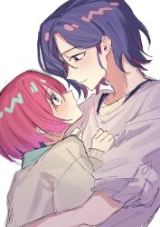 1boy 1girl amate_yuzuriha aqua_eyes aqua_shirt blue_hair blush ch1wa_l0ve collared_shirt colored_inner_hair couple gundam gundam_gquuuuuux hetero highres hug long_sleeves multicolored_hair open_mouth purple_hair red_eyes red_hair school_uniform shirt short_hair shuji_ito simple_background smile sweater two-tone_hair upper_body white_shirt