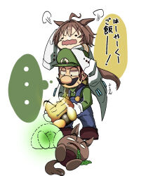 ... 1boy 1girl agnes_tachyon_(umamusume) animal_ears black_eyes blue_overalls brown_hair carrying commentary crossover drooling facial_hair gloves goomba green_hat green_shirt hat holding horse_ears horse_girl horse_tail lab_coat long_sleeves luigi mario_(series) mustache nintendo open_mouth overalls piggyback shirt short_hair simple_background sleeves_past_fingers sleeves_past_wrists solid_circle_eyes speech_bubble spoken_ellipsis sweatdrop tail thought_bubble toriken_(zzra4732) translation_request umamusume white_background white_gloves