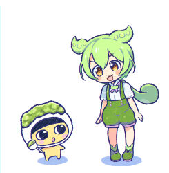1119mna 1boy 1girl :3 :o absurdres blush_stickers colored_skin commentary_request creature crossover eye_contact green_hair green_shoes green_shorts hair_between_eyes highres holding long_hair looking_at_another low_ponytail mametchi open_mouth ponytail puffy_sleeves shirt shoes short_sleeves shorts simple_background smile suspenders tamagotchi tamagotchi_(creature) voicevox white_background white_shirt yellow_eyes yellow_skin zundamon