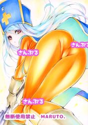 Rule 34 | 1girl, ass, bent over, blue hair, bodysuit, breasts, cross, cross print, dragon quest, dragon quest iii, expressionless, gloves, hat, highres, large breasts, looking at viewer, looking back, mace, marker (medium), maruto (marutohonpo), mitre, orange bodysuit, orange eyes, priest (dq3), solo, tabard, traditional media, weapon