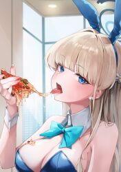 Rule 34 | 1girl, absurdres, alternate breast size, alternate costume, animal ears, blonde hair, blue archive, blue bow, blue eyes, blue halo, blue leotard, blush, bow, breasts, cheese, cheese trail, eating, fake animal ears, food, gemb, halo, highres, holding, holding food, holding pizza, holding sword, holding weapon, indoors, leotard, long hair, looking at viewer, medium breasts, official alternate costume, official alternate hairstyle, pizza, pizza slice, playboy bunny, rabbit ears, sword, toki (blue archive), toki (bunny) (blue archive), tongue, tongue out, weapon