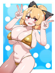 1girl absurdres alternate_costume bikini black_bow blonde_hair blue_background blush bow breasts cleavage commentary_request cowboy_shot double_v gold_bikini hair_bow hair_bun highres kurodani_yamame large_breasts looking_at_viewer open_mouth red_eyes rinyamame short_hair single_hair_bun smile solo swimsuit touhou v