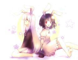 2girls animal_ears bad_id bad_pixiv_id black_hair rabbit_ears confeitoo female_focus inaba_tewi long_hair multiple_girls purple_hair red_eyes reisen_udongein_inaba short_hair smile touhou