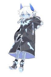 1boy bat_(symbol) bat_symbol black_footwear black_gloves black_jacket black_shorts black_socks blue_eyes blue_horns blue_jacket blue_skin boots colored_skin demon_boy demon_horns full_body gloves glowing glowing_clothes hair_between_eyes hands_up high_collar hood hood_down hooded_jacket horns in_air inu_fuji jacket long_sleeves looking_at_viewer looking_to_the_side male_focus midair monster_boy multiple_boys original oversized_clothes oversized_jacket partially_fingerless_gloves pythagoras_(inu_fuji) short_hair shorts silver_trim simple_background sleeve_zipper socks two-sided_fabric white_background white_hair zipper