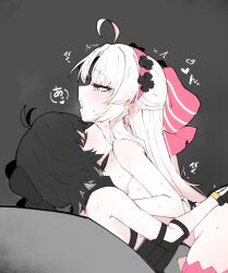 Rule 34 | 2girls, ahoge, aqua eyes, black bow, black gloves, black hair, blush, bow, breasts, carlotta (wuthering waves), closed eyes, clothed female nude female, commentary request, earrings, female rover (wuthering waves), from side, gloves, hair bow, hairband, half-closed eye, hand on another&#039;s shoulder, heart, hickey, highres, implied futanari, implied sex, jewelry, kiss, kissing neck, long hair, medium breasts, multiple girls, nude, open mouth, pink bow, pink hairband, rover (wuthering waves), starblame, sweat, tacet mark (wuthering waves), thighs, white hair, wuthering waves