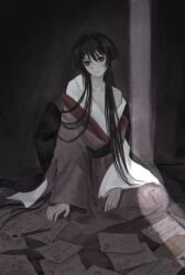 1boy alternate_costume alternate_hair_length alternate_hairstyle arm_support arms_at_sides asymmetrical_sleeves black_eyes black_hair bright_pupils calligraphy_brush collarbone eyelashes eyeliner eyeshadow genshin_impact head_tilt heart_(organ) highres japanese_clothes kimono layered_kimono layered_sleeves long_hair long_sleeves looking_at_viewer makeup male_focus obi paintbrush pale_skin paper pink_kimono pink_sleeves red_eyeliner red_eyeshadow sash scaramouche_(genshin_impact) single_off_shoulder sitting smile solo white_kimono white_pupils white_sleeves yoruli_e