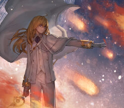 1boy ahoge aito arm_at_side ascot blonde_hair blue_ascot brooch cape closed_mouth collared_cape commentary_request cowboy_shot fate/grand_order fate_(series) feathers formal_clothes frilled_sleeves frills gloves gold_trim grey_eyes hair_between_eyes highres holding holding_staff jacket jewelry kirschtaria_wodime light_particles light_smile long_hair long_sleeves looking_ahead male_focus meteor olympus_(fate/grand_order) open_clothes open_jacket outdoors outstretched_arm pants side_cape sky solo staff standing star_(sky) starry_sky suit vest white_cape white_feathers white_gloves white_jacket white_pants white_suit white_vest