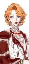 1girl blue_eyes highres lady_pearl_(path_to_nowhere) light_smile linceyang orange_hair parted_lips path_to_nowhere red_lips short_hair solo upper_body white_background