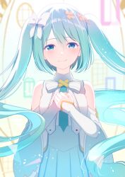 1girl aqua_eyes aqua_hair aqua_nails aqua_necktie blush bow breasts closed_mouth crying crying_with_eyes_open dress hair_between_eyes hair_bow hair_ornament hatsune_miku highres hiramado_miku kowareta_sekai_to_utaenai_miku long_hair long_sleeves looking_at_viewer medium_breasts necktie official_alternate_costume official_alternate_hairstyle project_sekai sleeveless sleeveless_dress smile solo spoilers streaming_tears tears twintails very_long_hair white_bow white_dress x_hair_ornament yomomo14